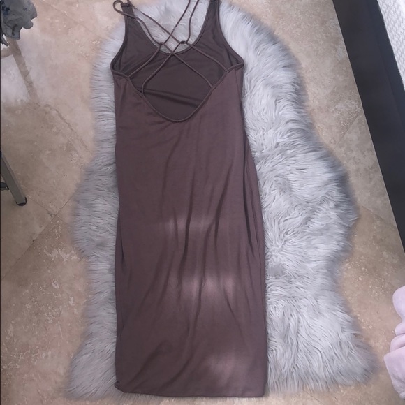 Taupe Strappy Back Bodycon Tight Midi Dress - Picture 3 of 5
